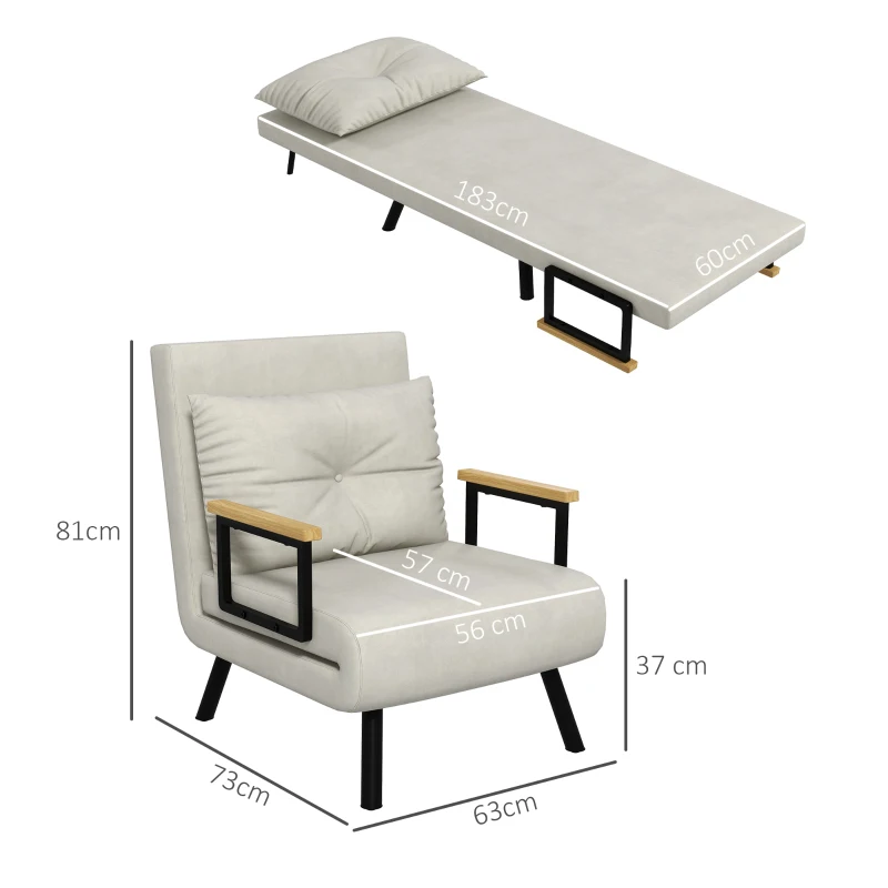 HOMCOM Canapea Extensibilă cu Spătar Reglabil pe 5 Nivele, Canapea Pat Individuală Pliabilă cu Perne, 63x73x81 cm, Alb Crem(m-3)