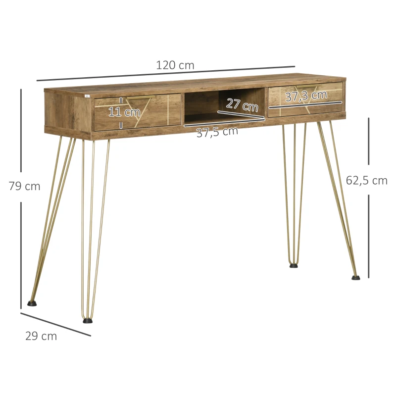 HOMCOM Consola Móvel de Entrada com 2 Gavetas Prateleira Aberta e Pés de Aço Estilo Moderno 120x29x79cm Madeira e Bronze