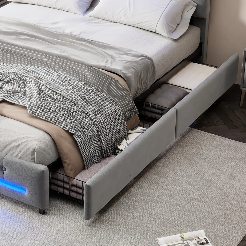 Velvet Upholstered Double Bed with Storage, Soft Backrest, 4 Drawers, LED Light Strips, 198L x 140W x 98H cm, Gray