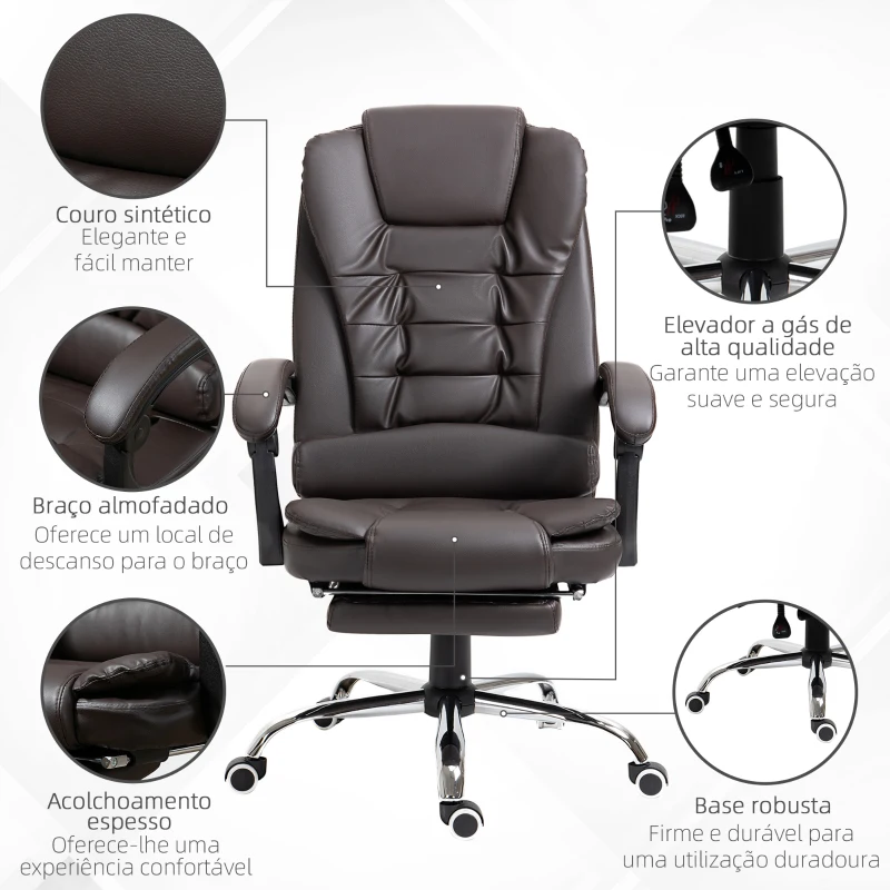 HOMCOM Cadeira de Escritório Reclinável Cadeira Executiva Giratória com Altura Ajustável Estofada em PU 64,5x69x109-117 cm Marrom