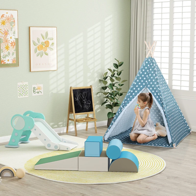 HOMCOM Tipi Zelt Spielzelt Kinderzelt mit Kissenmatratze Kinderzimmer Teepee Outdoor Indoor faltbare Kinder Spielzelte Spielhaus Blau 120 x 120 x 155 cm