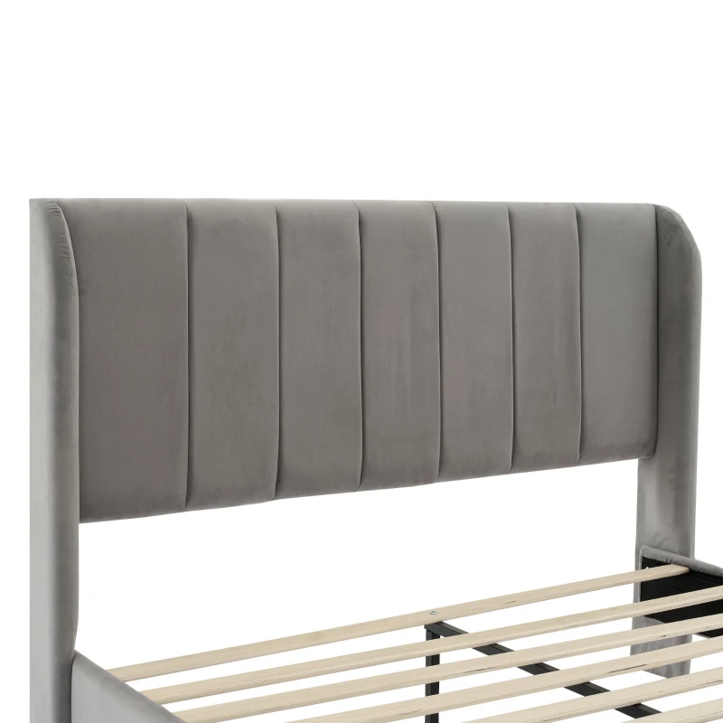 Double Upholstered Bed with Soft Backrest, Vertical Stripe Design, Metal Frame, 202L x 149W x 103H cm, Gray