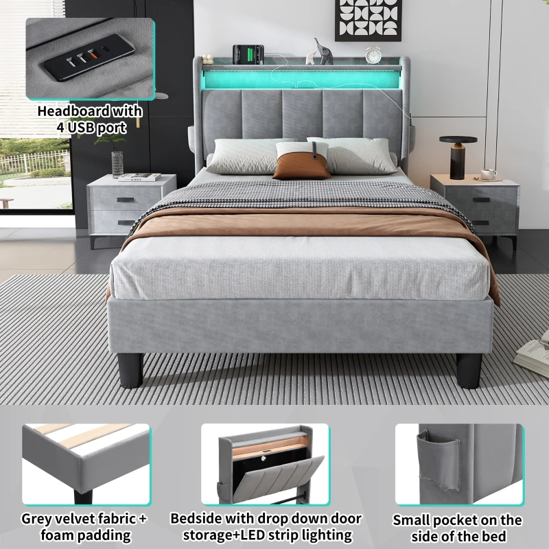 Upholstered Bed with LED Light Strip, 4 USB Ports, Lower Flap Door Storage, 204L x 96W x 107H cm, Grey