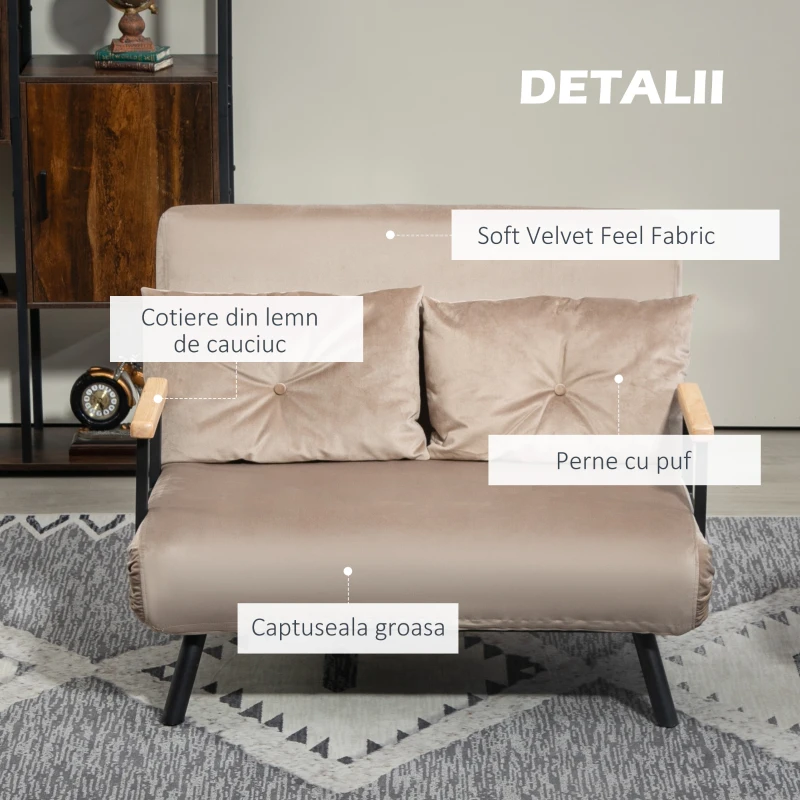 HOMCOM Canapea Pat de 2 Locuri cu Spătar Reglabil pe 5 Nivele și 2 Perne din Material Țesut Căptușit, 102x73x81 cm, Maro(m-6)