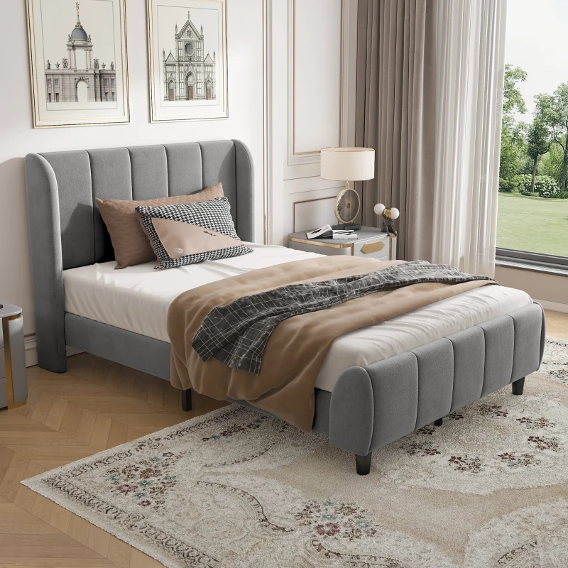 3FT Upholstered Bed with Soft Backrest and Vertical Stripe Design, Metal Underbed Bracket, 202L x 103W x 103H cm, Gray