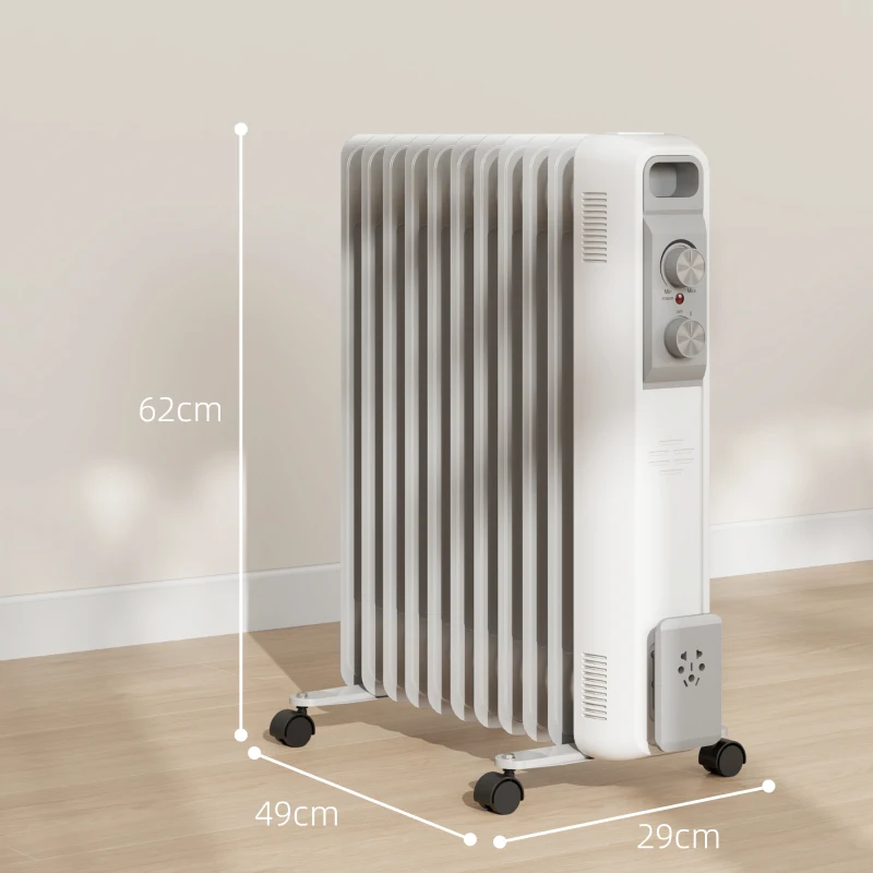 HOMCOM Aquecedor a Óleo Silencioso 2500W com Temperatura Ajustável 3 Ajustes de Aquecimento para 25 m² 29x49x62 cm Branco