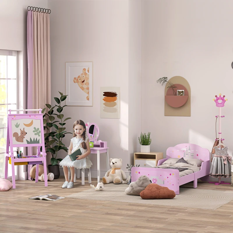 HOMCOM Letto per Bambini 3-6 Anni in Legno con Bordi Rialzati, 143x73x60 cm, Rosa