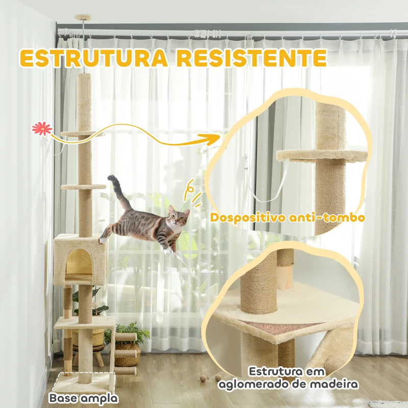 PawHut Arranhador para Gatos do Chão ao Teto de 225-265 cm  com Altura Ajustável Múltiplas Plataformas Escada Bola Suspensa Bege