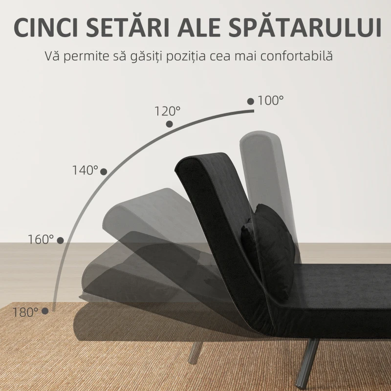 HOMCOM Canapea Pat de 2 Locuri cu Spătar Reglabil pe 5 Nivele și 2 Perne din Material Capitonat, 102x73x81 cm, Negru(m-5)