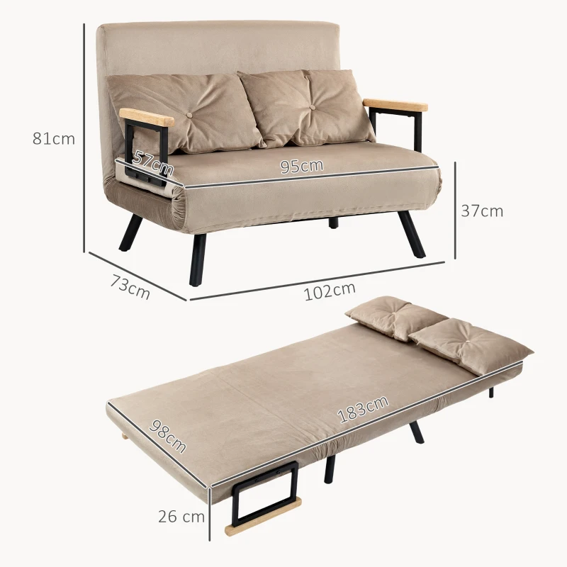HOMCOM Canapea Pat de 2 Locuri cu Spătar Reglabil pe 5 Nivele și 2 Perne din Material Țesut Căptușit, 102x73x81 cm, Maro(m-3)