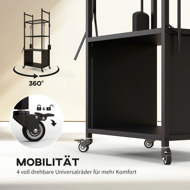 Outsunny 4-poziomowy Regał na Drewno Opałowe z Kółkami i 4 Narzędziami, Metalowy Schowek na Drewno do Wnętrz i Na Zewnątrz, Czarny