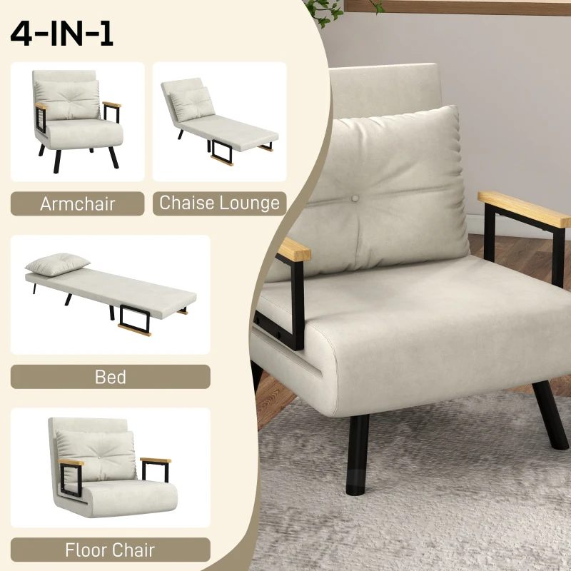 HOMCOM Canapea Extensibilă cu Spătar Reglabil pe 5 Nivele, Canapea Pat Individuală Pliabilă cu Perne, 63x73x81 cm, Alb Crem(m-4)