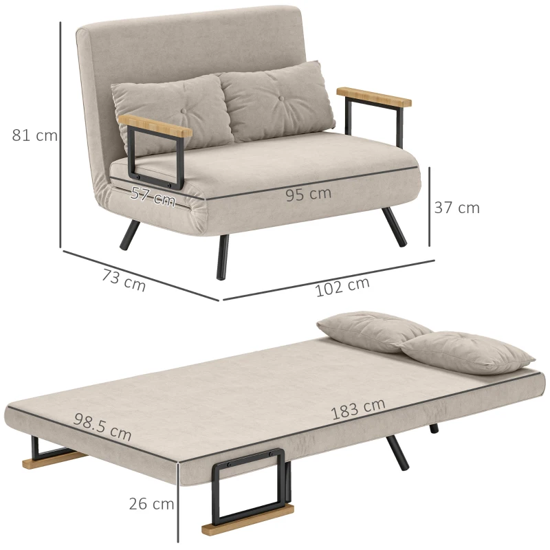 HOMCOM Canapea Pat de 2 Locuri cu Spătar Reglabil pe 5 Nivele și 2 Perne din Material Capitonat, 102x73x81 cm, Crem Alb(m-3)