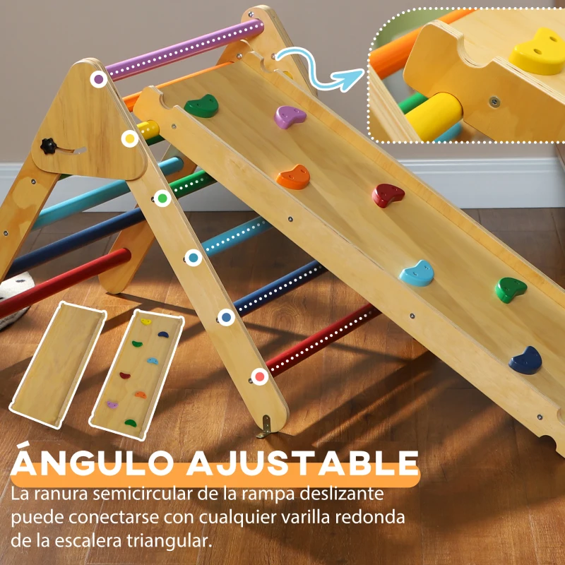 AIYAPLAY Triángulo de Escalada de Madera 3 en 1 con Rampa para Deslizarse o Escalar 147x64,5x63 cm Multicolor(m-6)
