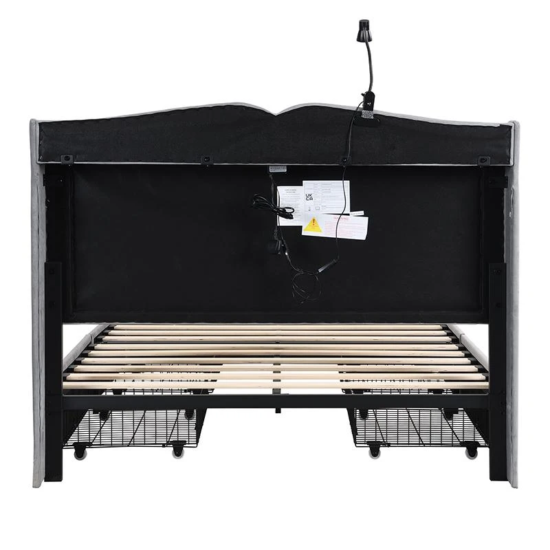 Upholstered Double Bed with Storage Drawers, Adjustable Lamp, USB Ports, Velvet Bedstead with Wooden Frame, 206.5L x 142W x 109H cm, Gray