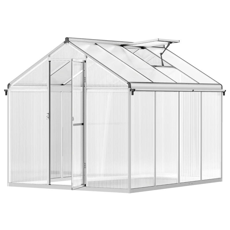 Outsunny Seră de Grădină din Policarbonat și Aluminiu, Seră de Plante cu Fereastră, Ușă și Jgheab, 243.5x192x195 cm, Gri