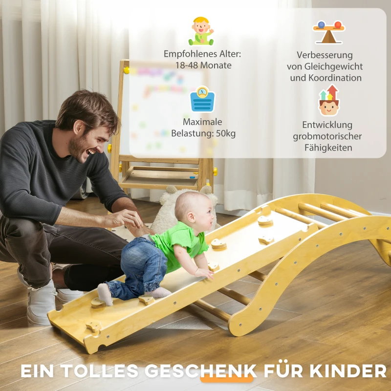 AIYAPLAY Kinder Klimset, 4-in-1 Ontwerp met Boogbrug, Schommelschommel, Kussen, Glijbaan, voor Binnenshuis, Hout