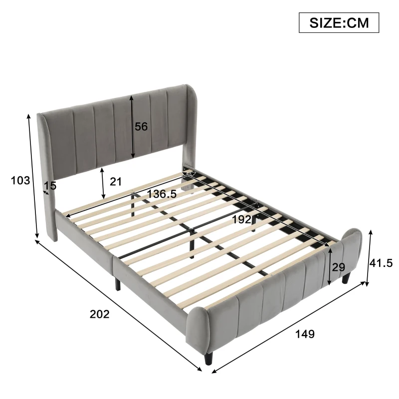 Double Upholstered Bed with Soft Backrest, Vertical Stripe Design, Metal Frame, 202L x 149W x 103H cm, Gray