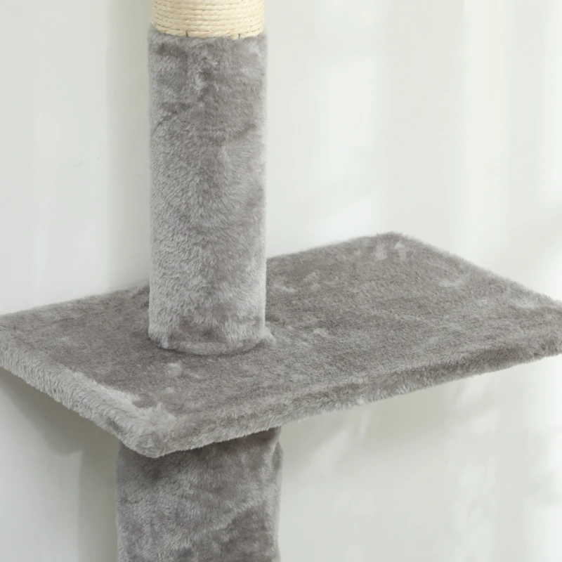 PawHut Arranhador para Gatos do Chão ao Teto 225-275 cm Torre para Gatos com Múltiplas Plataformas Sistema Anti-Tombo Cinza