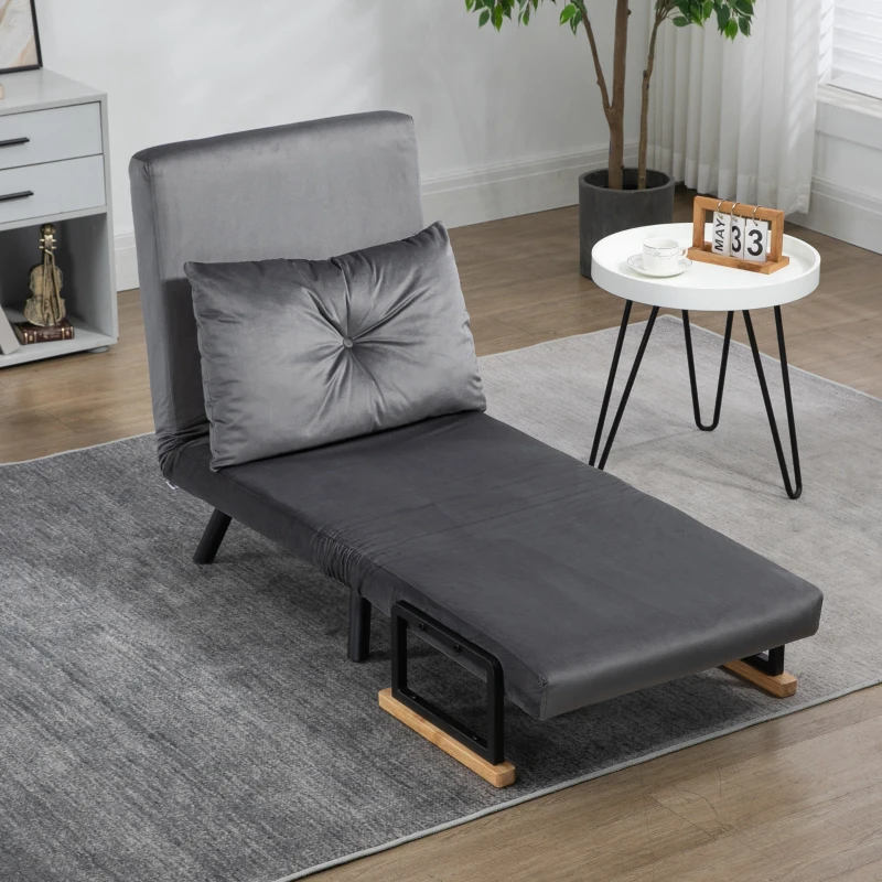 HOMCOM Canapea Extensibilă cu Spătar Reglabil pe 5 Nivele, Canapea Pat Individuală Pliabilă cu Perne, 63x73x81 cm, Gri(m-7)