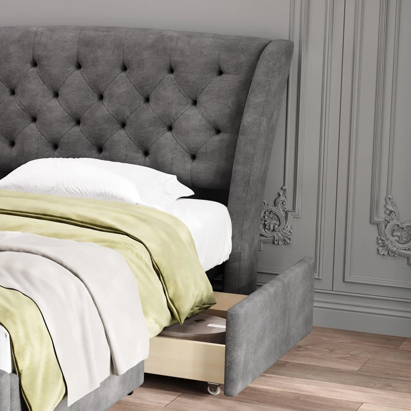 Upholstered Storage Bed with 4 Drawers, Soft Backrest, Metal Frame, 204L x 156W x 106H cm, Grey