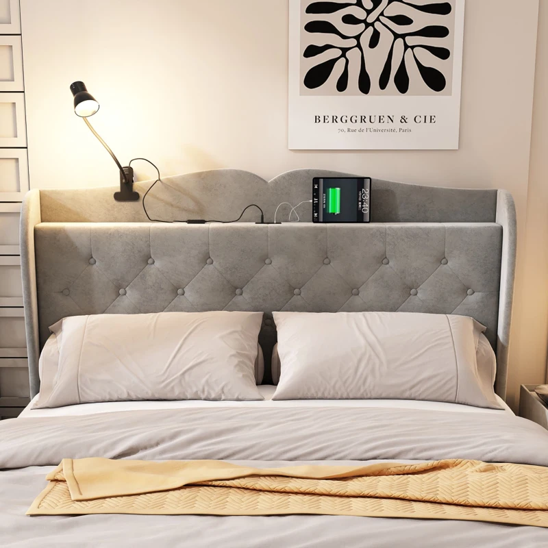 Upholstered Double Bed with Storage Drawers, Adjustable Lamp, USB Ports, Velvet Bedstead with Wooden Frame, 206.5L x 142W x 109H cm, Gray