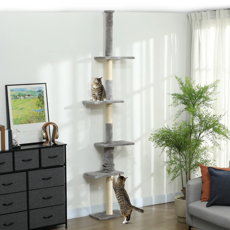PawHut Arranhador para Gatos do Chão ao Teto 225-275 cm Torre para Gatos com Múltiplas Plataformas Sistema Anti-Tombo Cinza