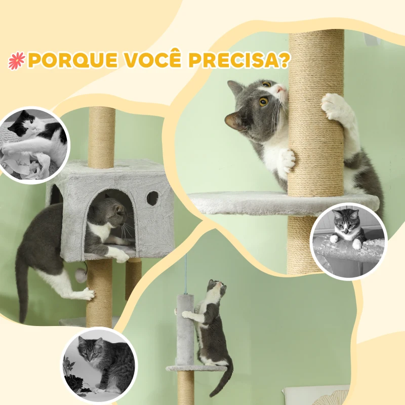 PawHut Arranhador para Gatos do Chão ao Teto de 225-265 cm  com Altura Ajustável Múltiplas Plataformas Escada Bola Suspensa Cinza Claro