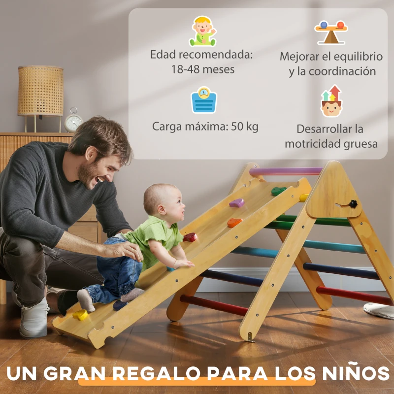AIYAPLAY Triángulo de Escalada de Madera 3 en 1 con Rampa para Deslizarse o Escalar 147x64,5x63 cm Multicolor(m-8)