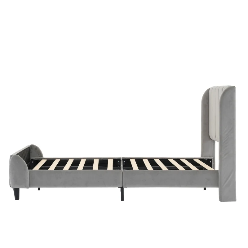 3FT Upholstered Bed with Soft Backrest and Vertical Stripe Design, Metal Underbed Bracket, 202L x 103W x 103H cm, Gray