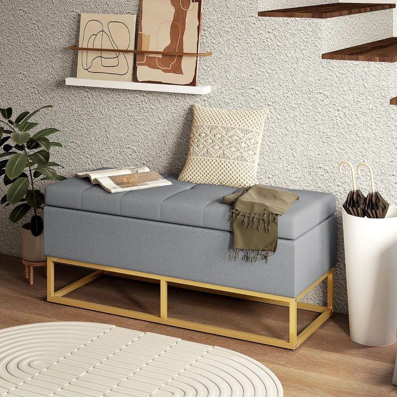 HOMCOM Banco de Armazenamento Retangular Estofado em Linho com Pés de Aço para Sala de Estar Dormitório 110x44x48 cm Cinza