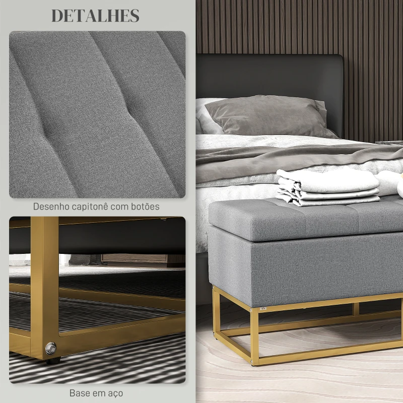 HOMCOM Banco de Armazenamento Retangular Estofado em Linho com Pés de Aço para Sala de Estar Dormitório 110x44x48 cm Cinza