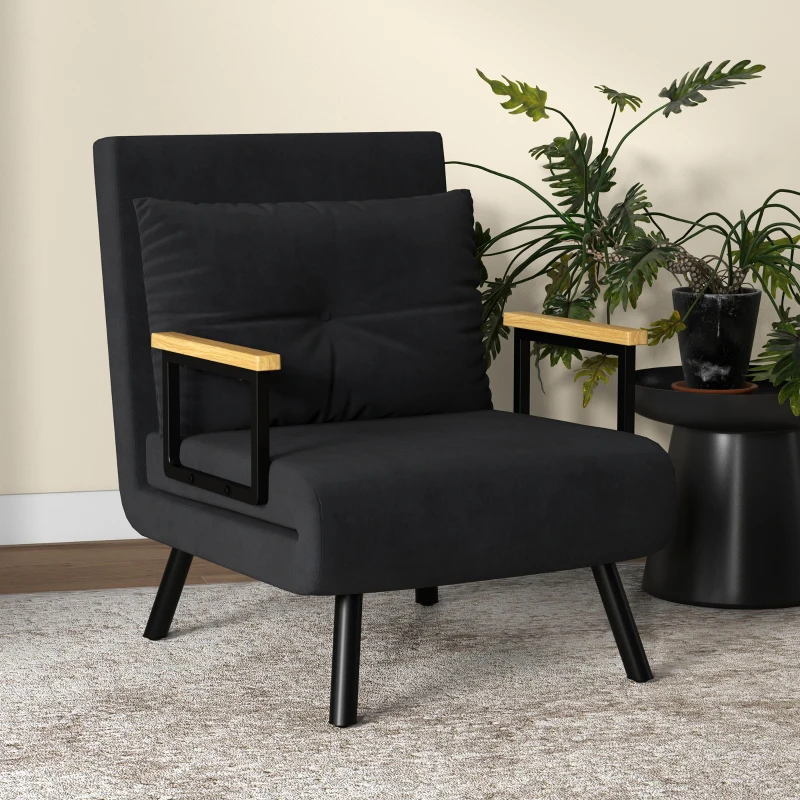 HOMCOM Canapea Extensibilă cu Spătar Reglabil pe 5 Nivele, Canapea Pat Individuală Pliabilă cu Perne, 63x73x81 cm, Negru(m-7)