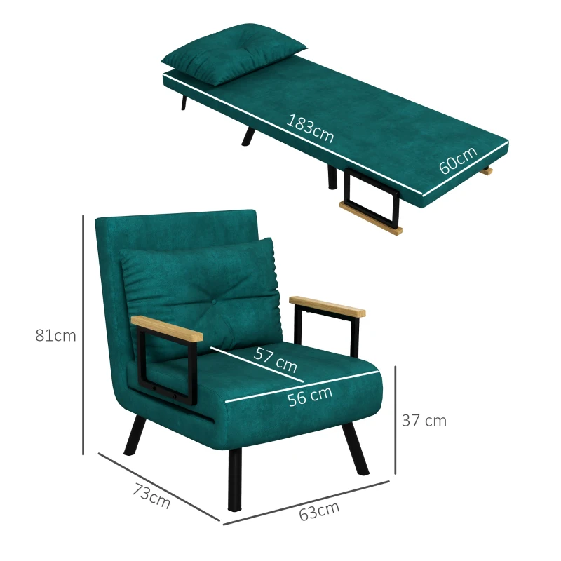 HOMCOM Canapea Extensibilă cu Spătar Reglabil pe 5 Nivele, Canapea Pat Individuală Pliabilă cu Perne, 63x73x81 cm, Verde(m-3)