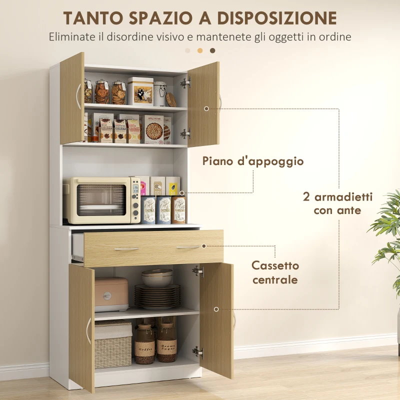 HOMCOM Credenza Cucina con Armadietti a 2 Ante e Cassetto, 80x40x180cm, Colore Legno