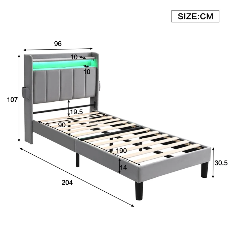Upholstered Bed with LED Light Strip, 4 USB Ports, Lower Flap Door Storage, 204L x 96W x 107H cm, Grey