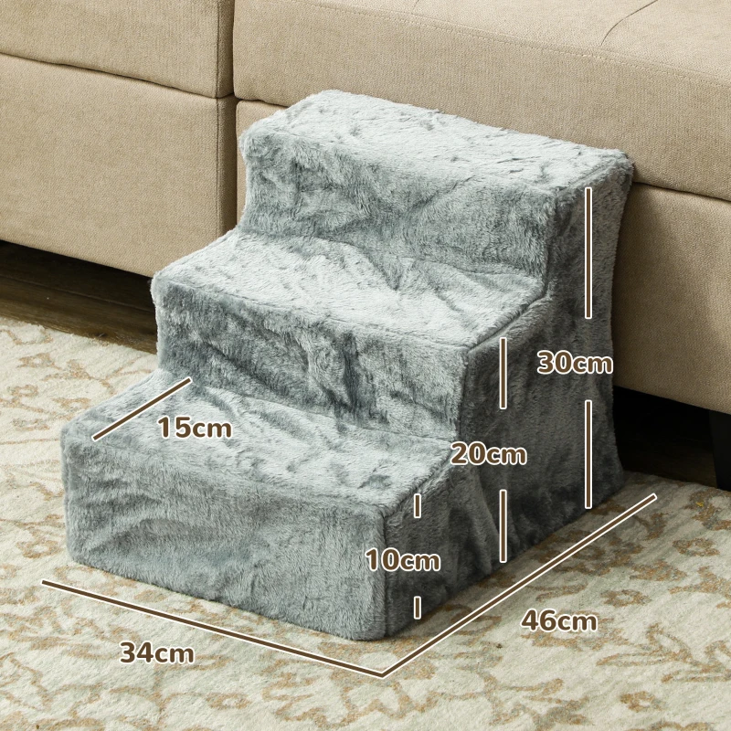 PawHut Składana drabinka dla zwierząt, 3 stopnie, pokrywa z pluszu do prania, płyta wiórowa, 46 x 35 x 35 cm, Jasnoszary