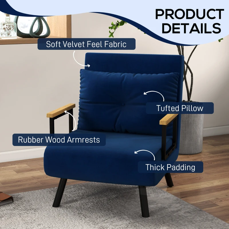 HOMCOM Canapea Extensibilă cu Spătar Reglabil pe 5 Nivele, Canapea Pat Individuală Pliabilă cu Perne, 63x73x81 cm, Albastru(m-6)