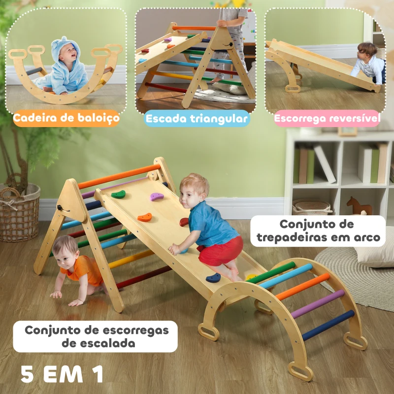 AIYAPLAY Triângulo de Escalada de Madeira 5 em 1 Escada para Crianças de 18-48 Meses com Rampa e Arco de Escalada 178x64,5x63 cm Multicor