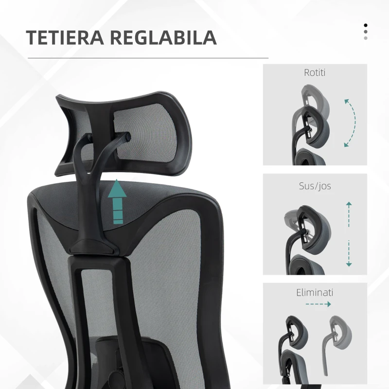 Vinsetto Scaun de Birou Reclinabil cu Tetieră, Suport Lombar și Înălțime Reglabilă, Gri