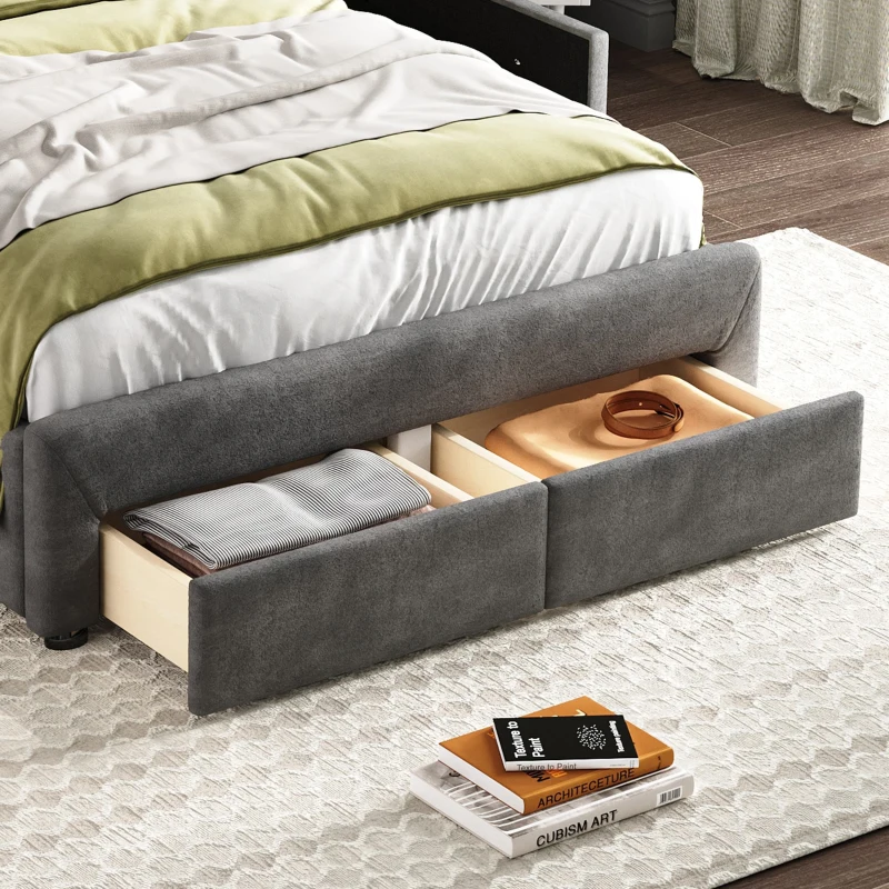 Upholstered Storage Bed with 4 Drawers, Soft Backrest, Metal Frame, 204L x 156W x 106H cm, Grey