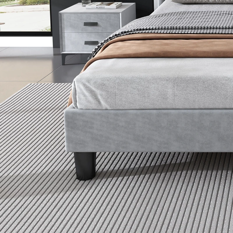 Velvet Upholstered Double Bed with Storage, LED Light Strip, 4 USB Ports, Velvet, 204L x 140W x 107H cm, Grey