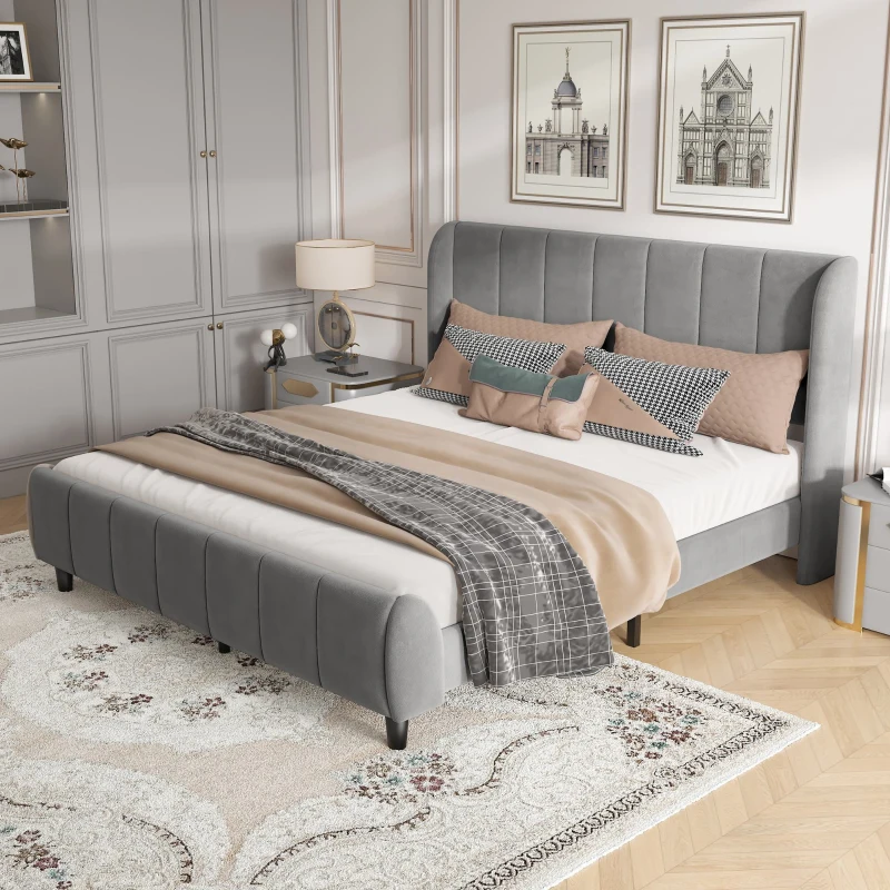 Double Upholstered Bed with Soft Backrest, Vertical Stripe Design, Metal Frame, 202L x 149W x 103H cm, Gray