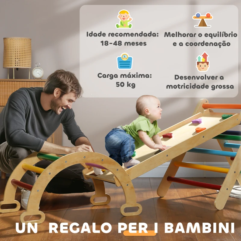 AIYAPLAY Triângulo de Escalada de Madeira 5 em 1 Escada para Crianças de 18-48 Meses com Rampa e Arco de Escalada 178x64,5x63 cm Multicor