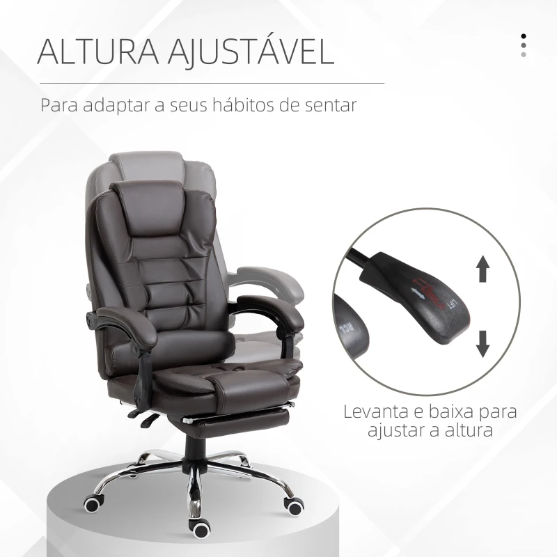 HOMCOM Cadeira de Escritório Reclinável Cadeira Executiva Giratória com Altura Ajustável Estofada em PU 64,5x69x109-117 cm Marrom