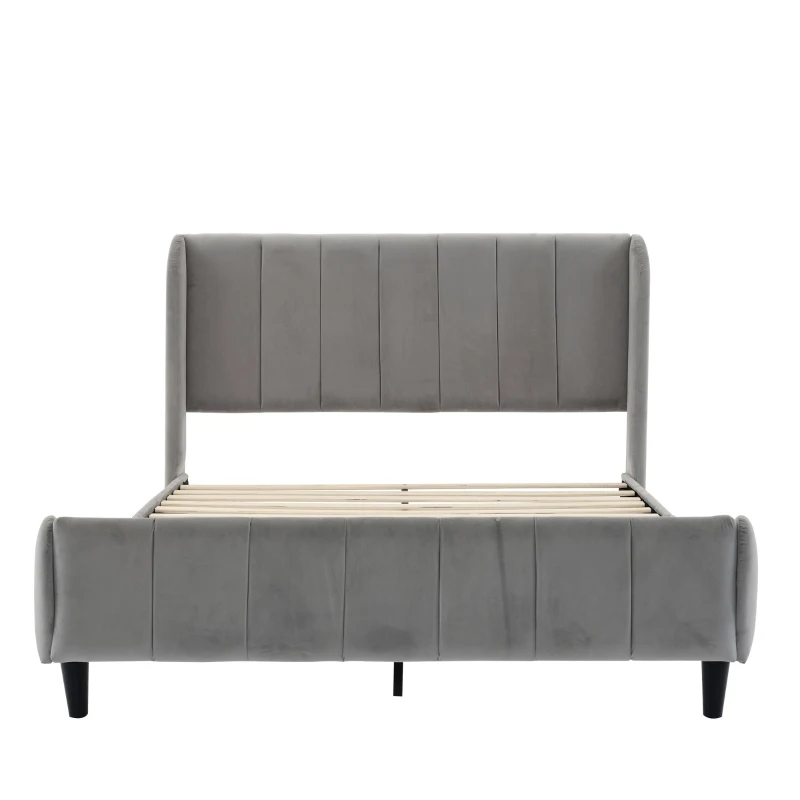 Double Upholstered Bed with Soft Backrest, Vertical Stripe Design, Metal Frame, 202L x 149W x 103H cm, Gray