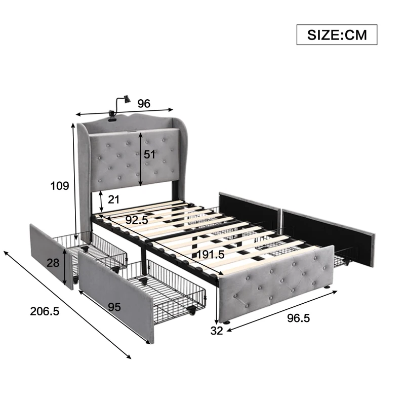 3FT Single Velvet Upholstered Storage Bed with 4 Drawers, Table Lamp and 4 USB Ports, Durable and Sturdy, 206.5L x 96.5W x 109H cm, Gray