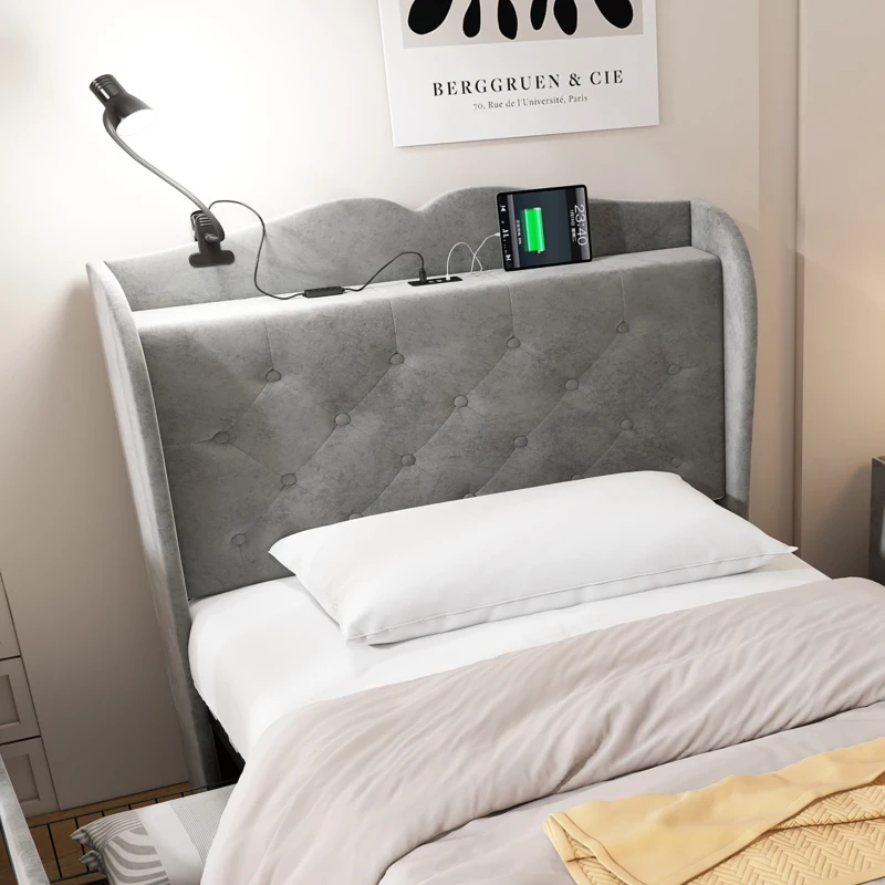 3FT Single Velvet Upholstered Storage Bed with 4 Drawers, Table Lamp and 4 USB Ports, Durable and Sturdy, 206.5L x 96.5W x 109H cm, Gray