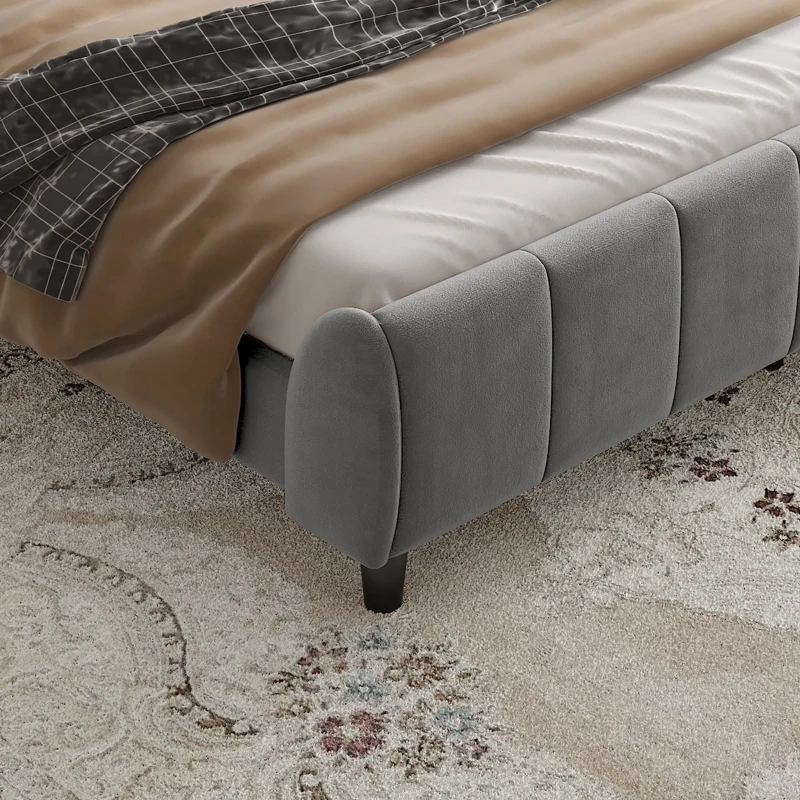 3FT Upholstered Bed with Soft Backrest and Vertical Stripe Design, Metal Underbed Bracket, 202L x 103W x 103H cm, Gray