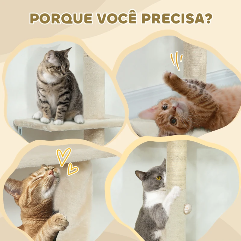 PawHut Arranhador para Gatos do Chão ao Teto 225-275 cm Torre para Gatos com Múltiplas Plataformas Sistema Anti-Tombo Creme